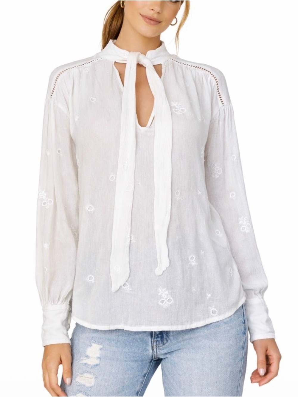 Free People blouse semi see through white puff sleeve textured long sleeve neck